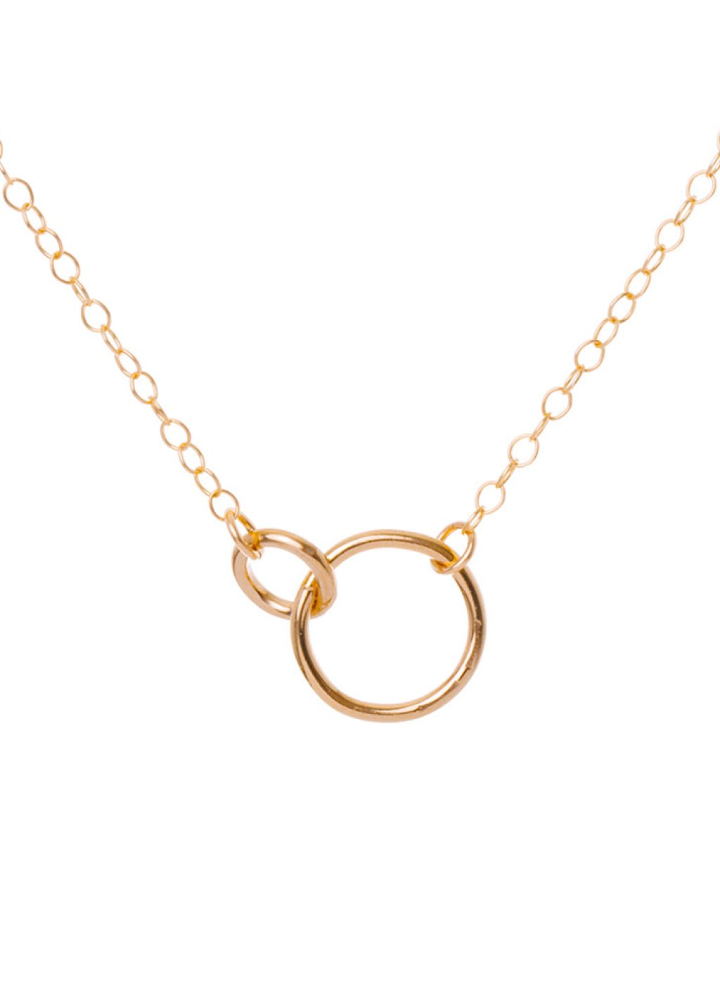 Gold necklace with a circular pendant on a white background